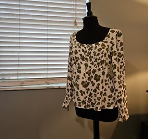 LOFT Black and Green Leopard Print Blouse